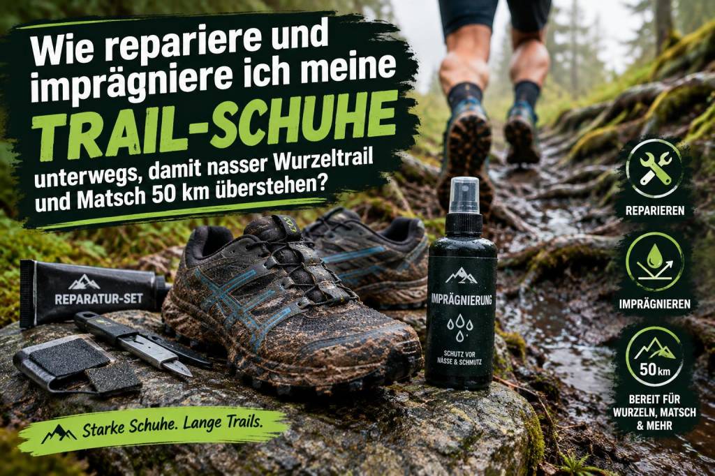 Wie repariere und imprägniere ich meine trail‑schuhe unterwegs, damit nasser wurzeltrail und matsch 50 km überstehen