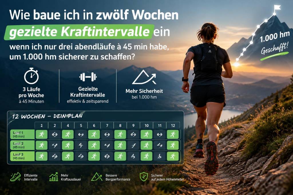 Wie baue ich in zwölf Wochen gezielte kraftintervalle ein, wenn ich nur drei abendläufe à 45 min habe, um 1'000 hm sicherer zu schaffen